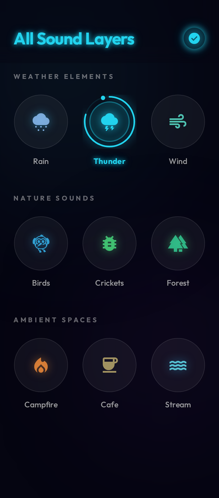 目前的 MoodBeez Add Sounds 畫面，顯示可選的環境音分類與風聲等聲音圖層