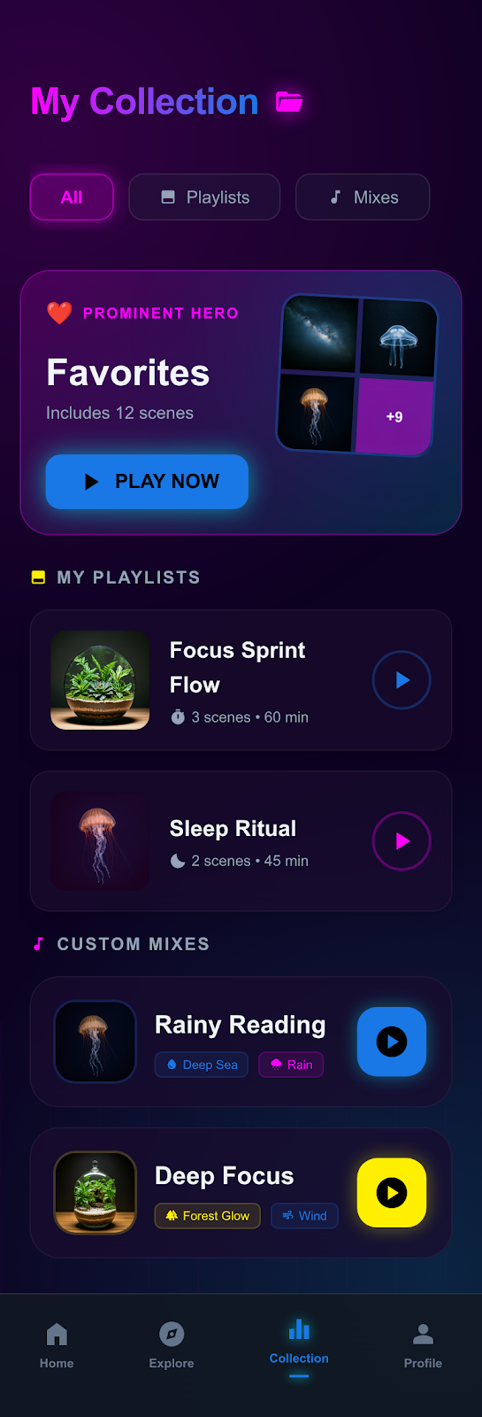 目前的 MoodBeez Collection 畫面，包含播放清單與自訂混音，其中可見一個名為 Deep Focus 的混音