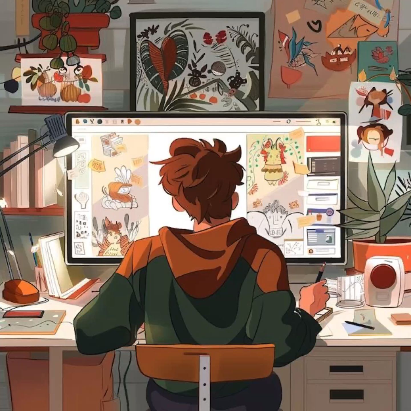 A creative workstation scene suggesting the difference between making something and stepping out to inspect side questions