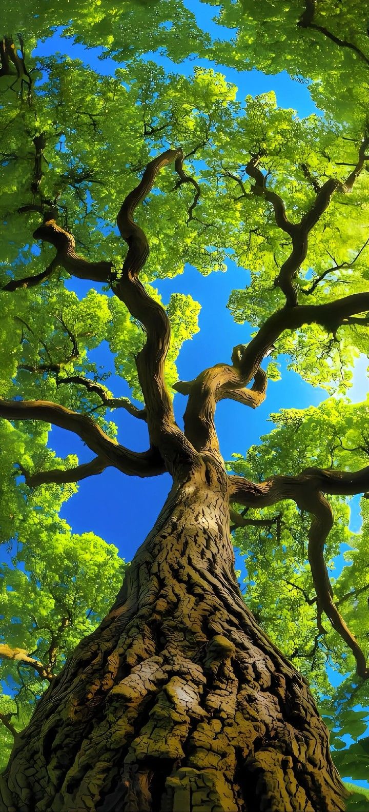 A leafy tree canopy viewed from below against a blue sky