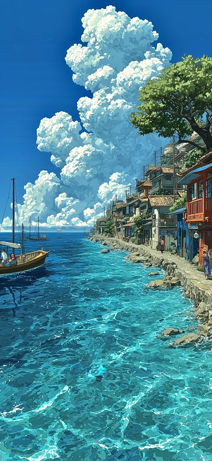 Clear blue water beside a coastal village under high white clouds