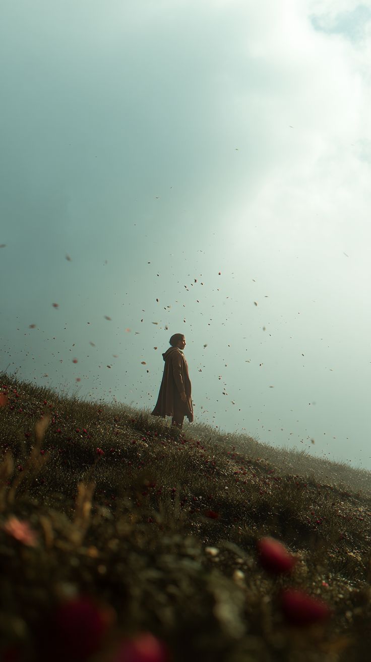 A person standing quietly on a hillside beneath a pale sky after an emotionally demanding moment