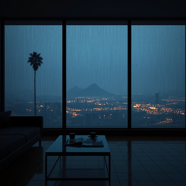 大窗外下雨的城市景象，像偏頭痛剛開始時的安靜緊繃感
