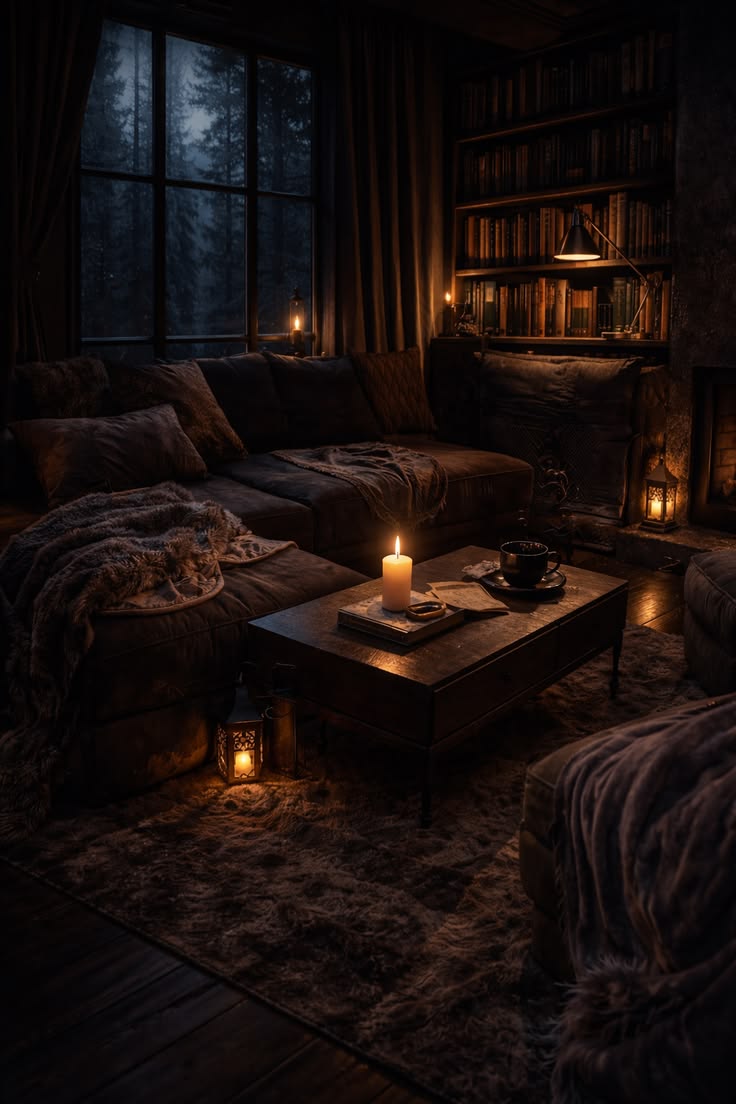 A quiet, dim interior with muted blue evening light and no visible screens