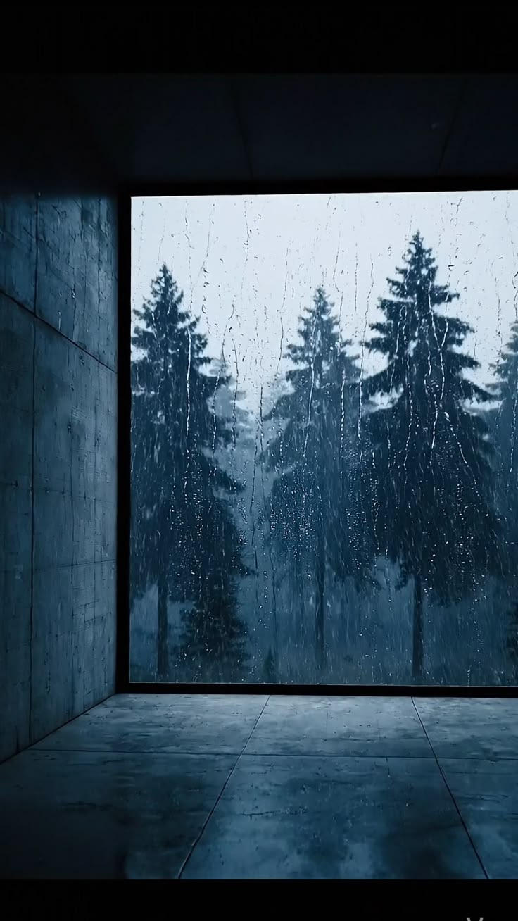 暗室中的雨窗景象，象徵偏頭痛期間穩定而不突兀的背景聲