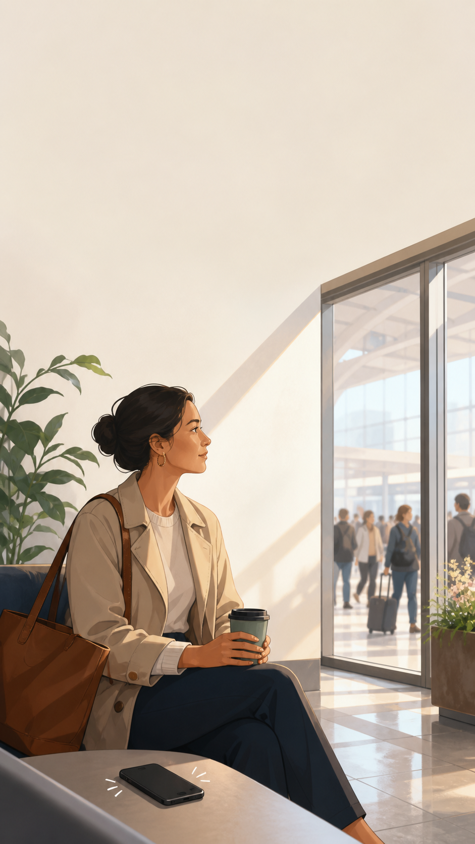 A person sitting in a quiet waiting area with a phone and a drink