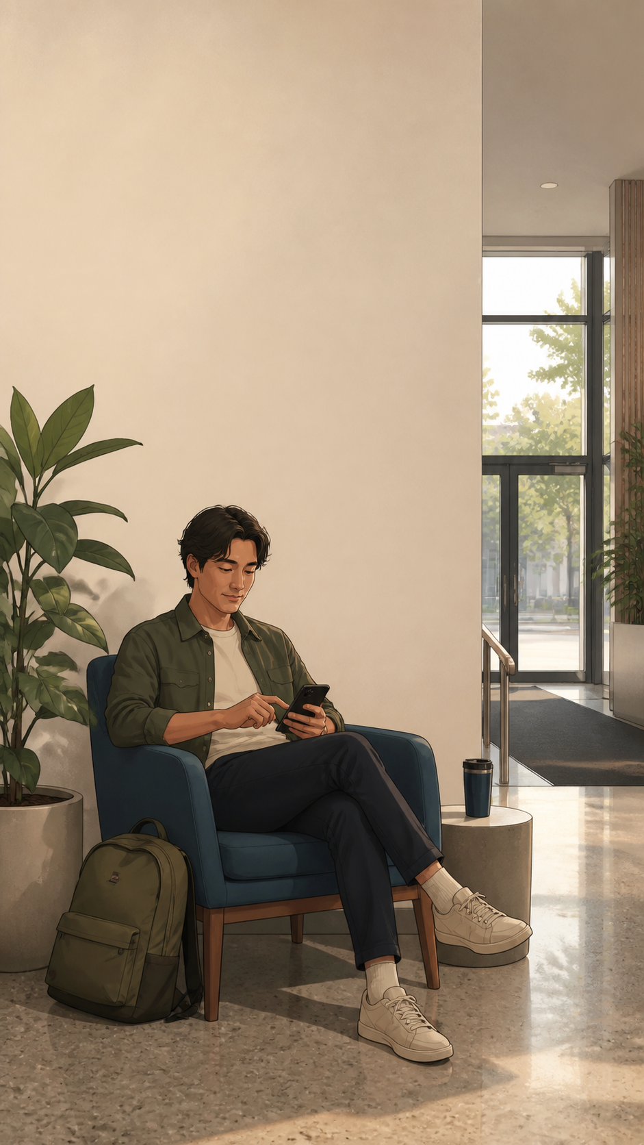 A person taking a quiet pause in a bright building before returning to a meeting