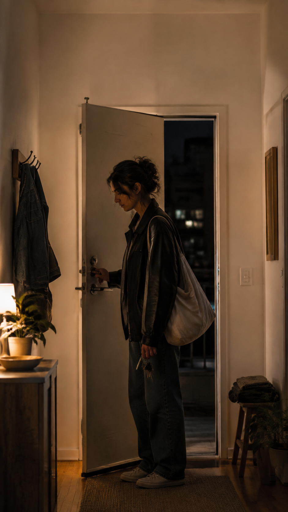 A person arriving home and beginning a quiet transition after work