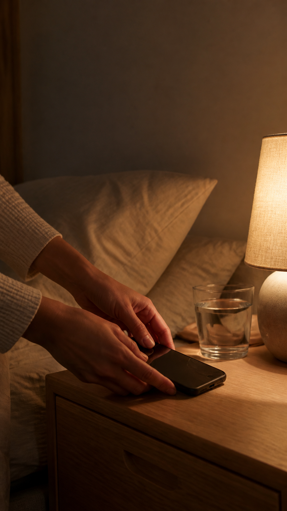 A quiet table with a phone turned face down and a glass of water after an evening out