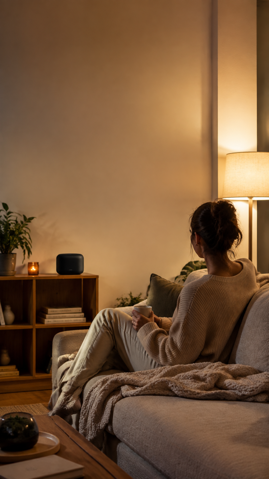 A low-lit chair and small external speaker prepared for a quiet transition home