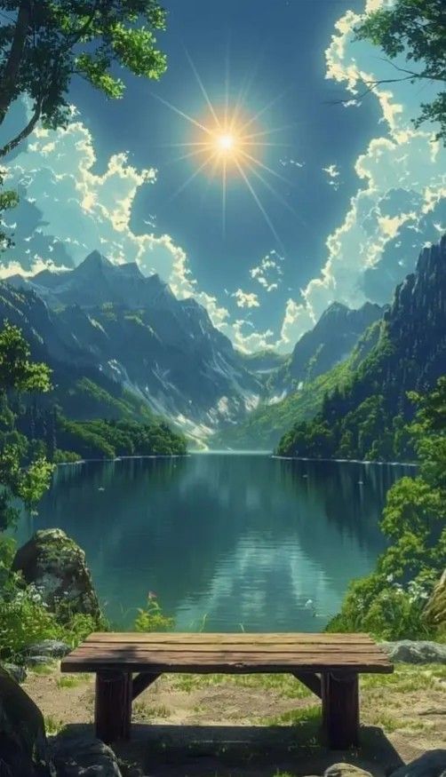 A quiet bench facing a lake and mountains under soft daylight