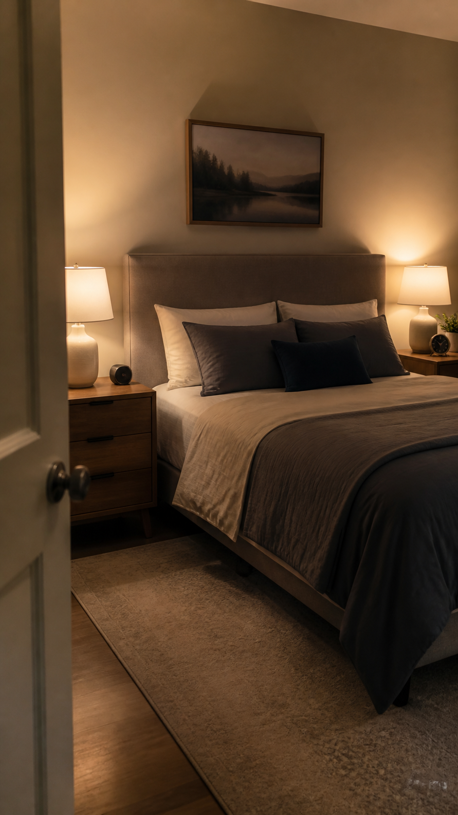 A quiet adult bedroom with warm bedside light and a small speaker on a dresser