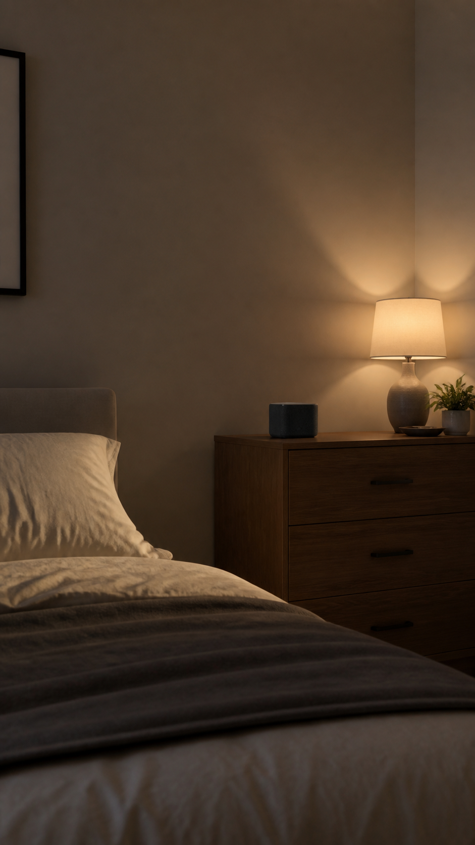 A small bedside speaker in a dark, calm bedroom