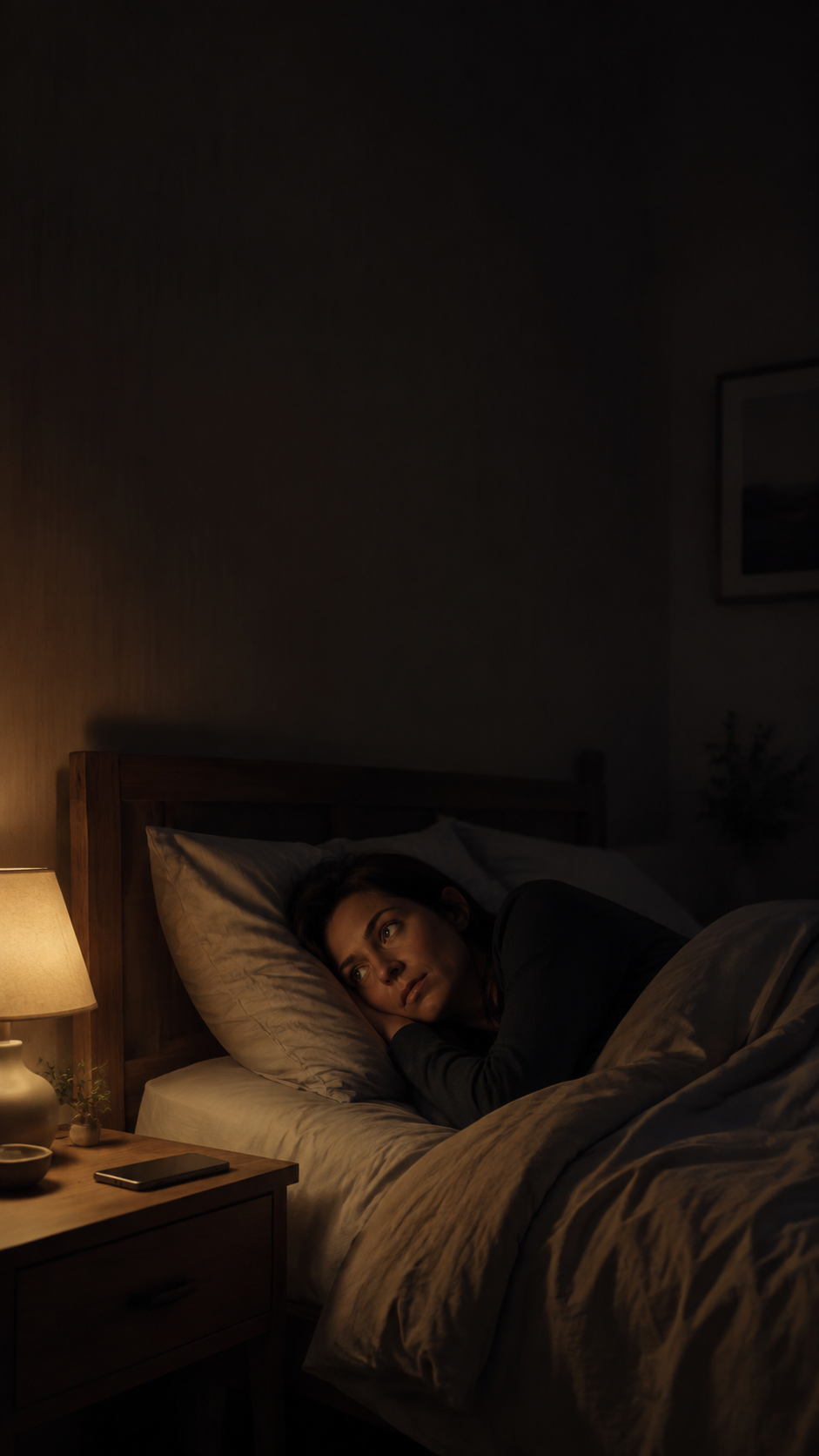 A person in a dim bedroom preparing for bed