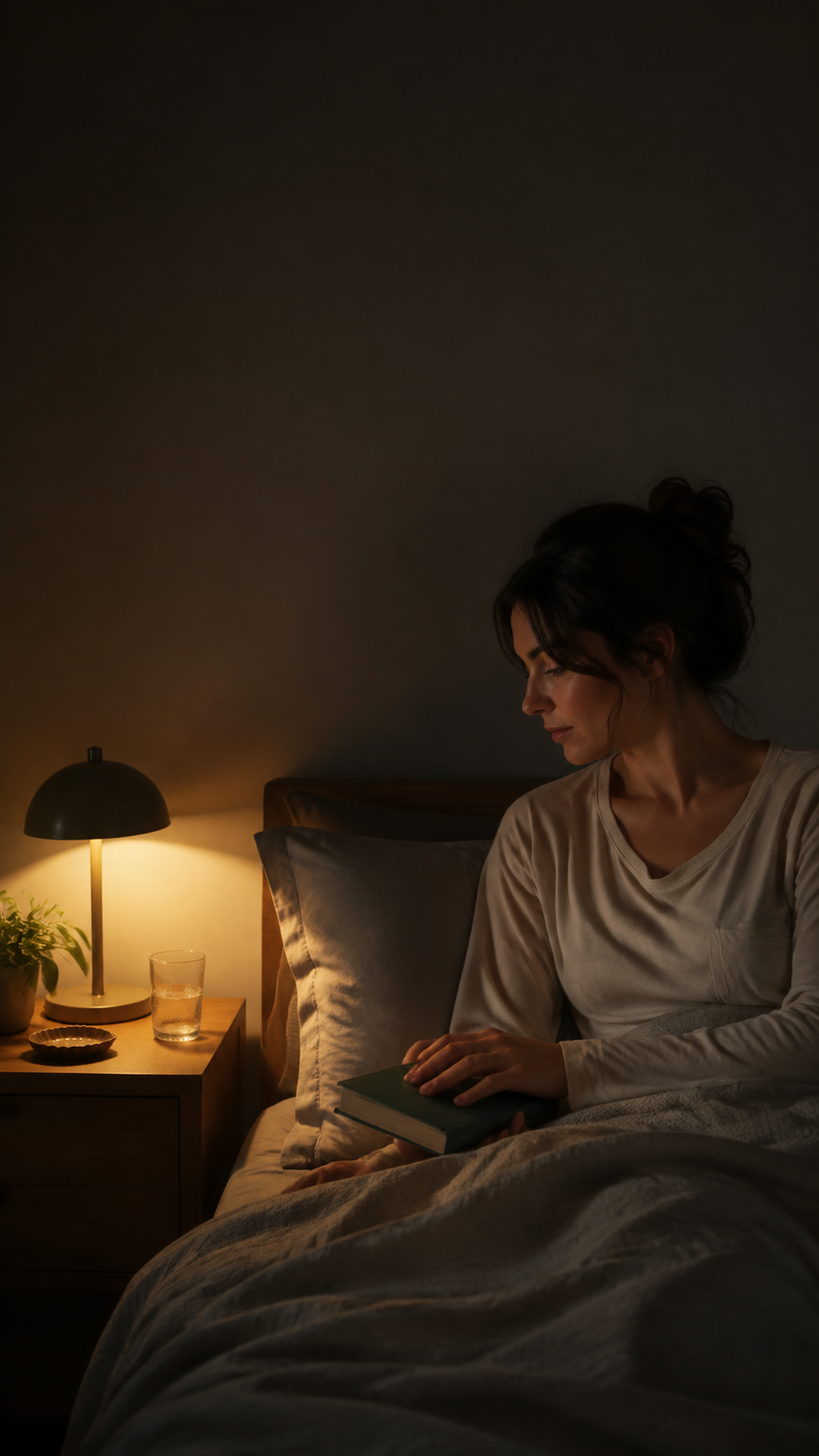 A dim bedside scene with a calm low-light setup