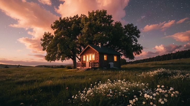 A small lit cabin at dusk, representing a calm but not silent bedtime environment